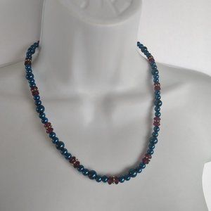Blue Faux Pearl Beaded Necklace With Purple Beads Handmade 19.75 Inches